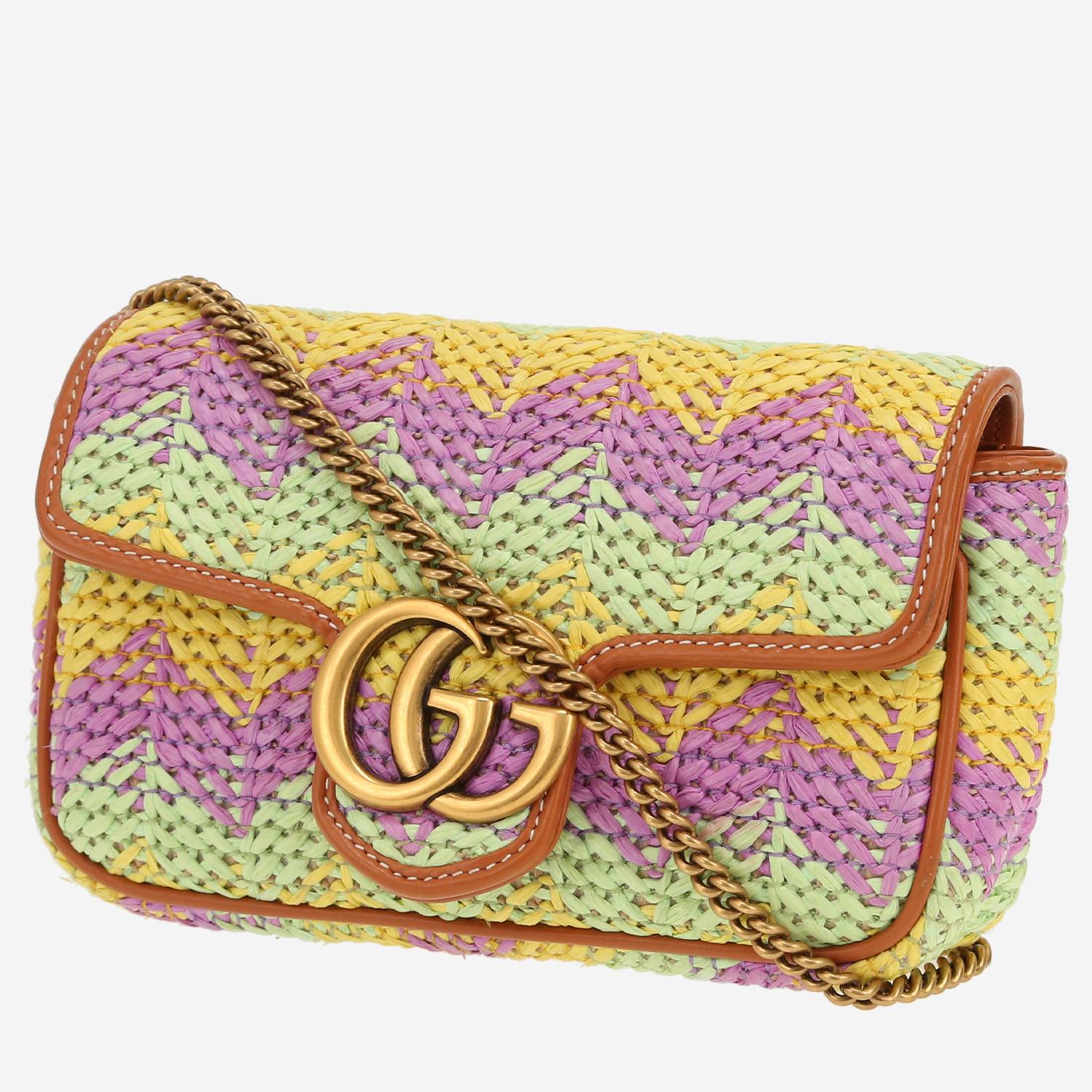 Gucci  GG Marmont mini  shoulder bag  in yellow, purple and green raphia  and brown leather