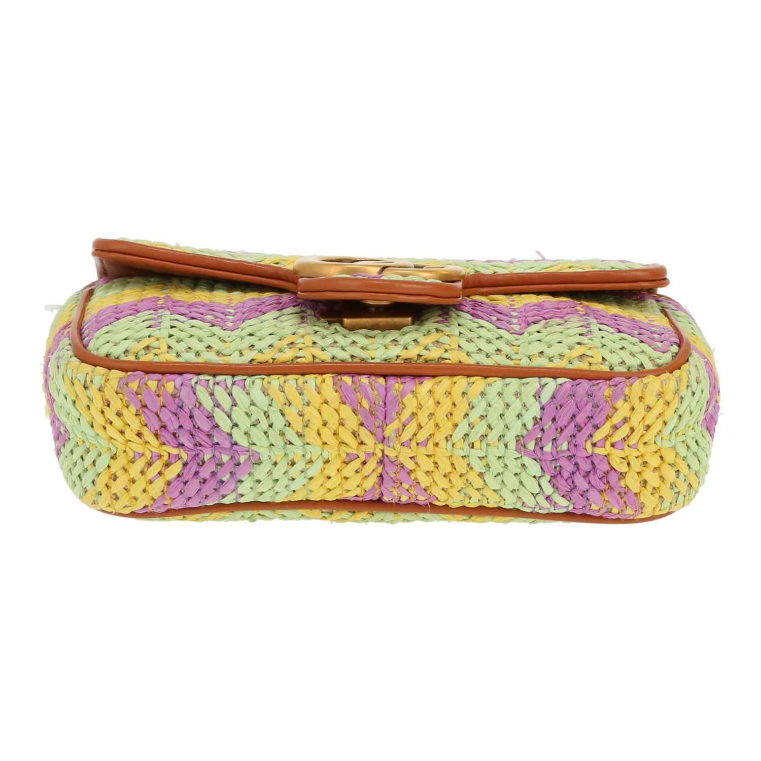 Borsa a tracolla Gucci  GG Marmont mini  in rafia gialla viola e verde e pelle marrone - Detail D1