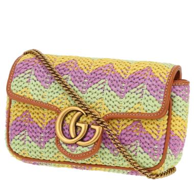 Gucci  GG Marmont mini  shoulder bag  in yellow, purple and green raphia  and brown leather