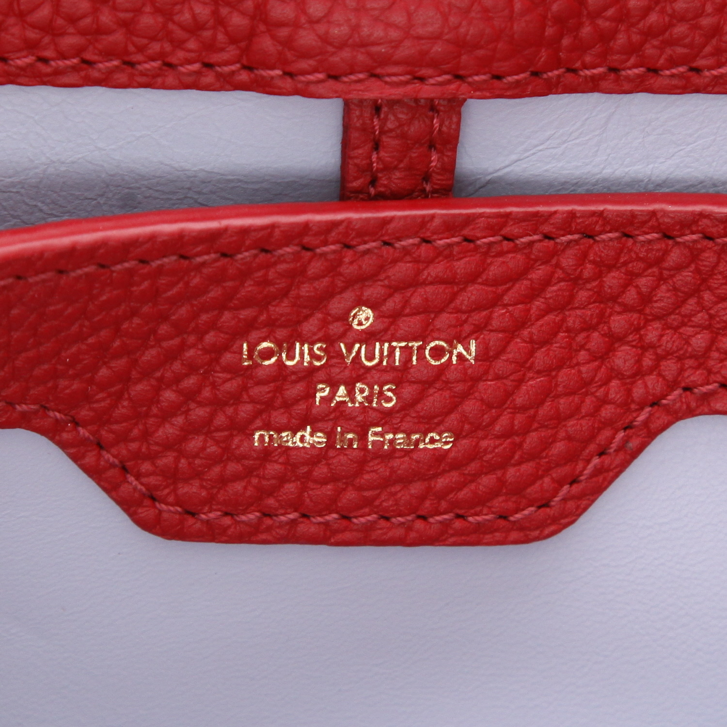 Sac à main Louis Vuitton  Capucines en cuir taurillon clémence bordeaux, bleu-ciel et gris - Detail D2