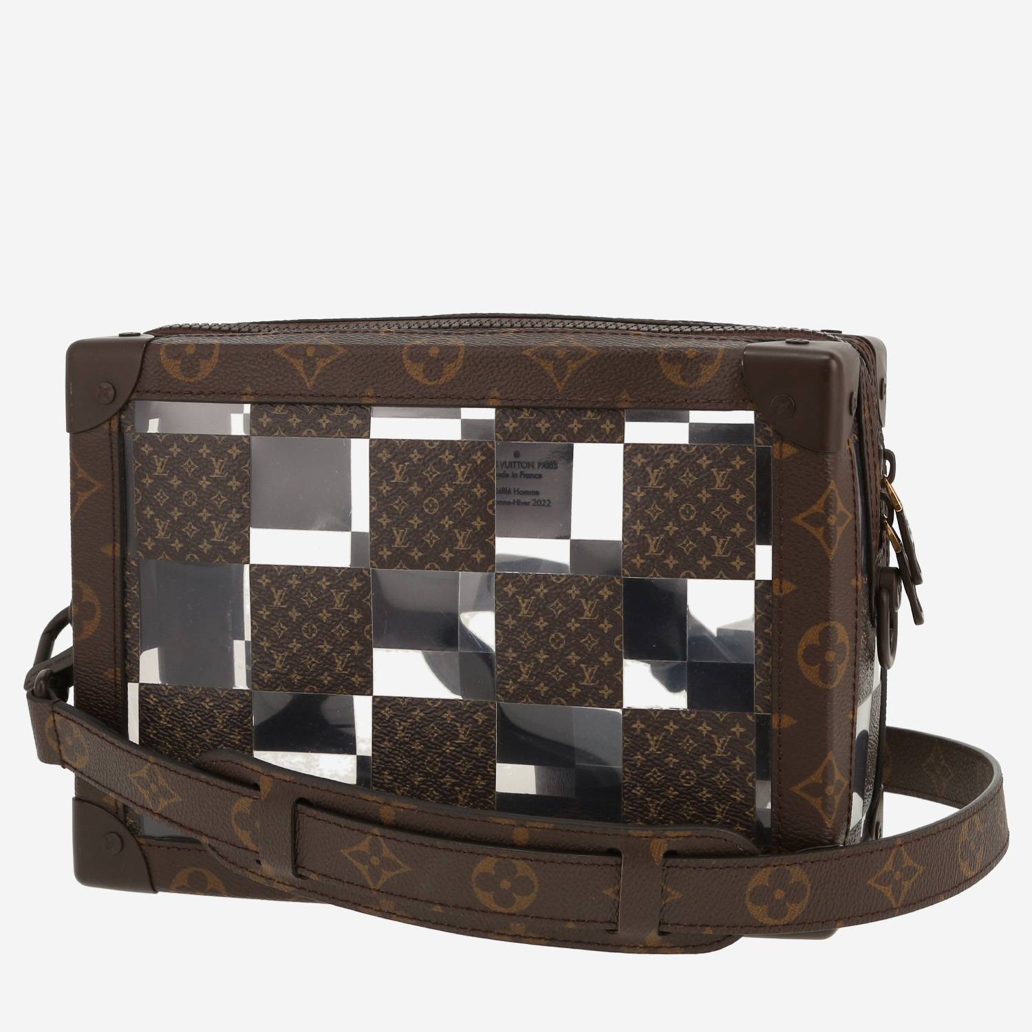Borsa a tracolla Louis Vuitton  Soft Trunk in tela monogram marrone e PVC trasparente