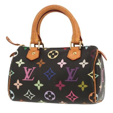 Sac à main Louis Vuitton  Nano Speedy en toile monogram noire et multicolore et cuir naturel