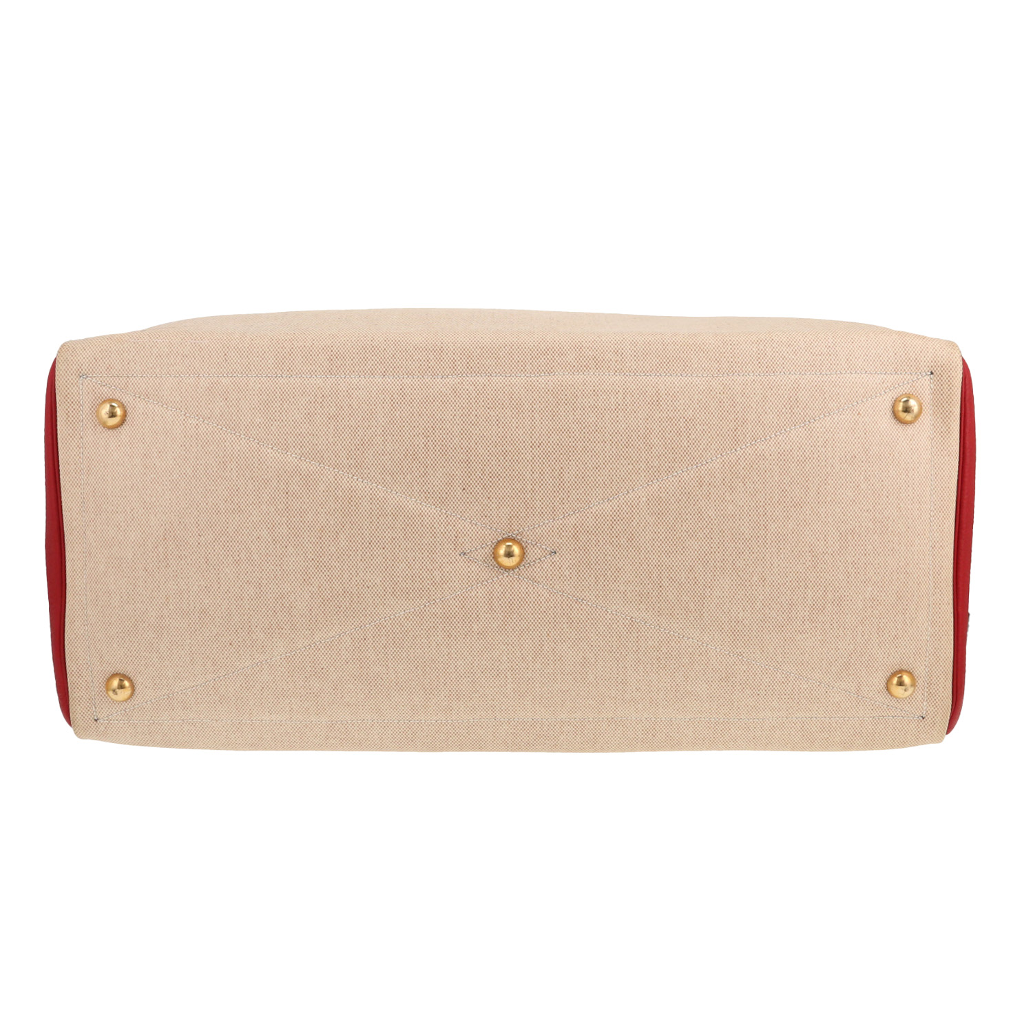 Sac de voyage Hermès  Victoria - Travel Bag en cuir togo rouge et toile beige - Detail D1