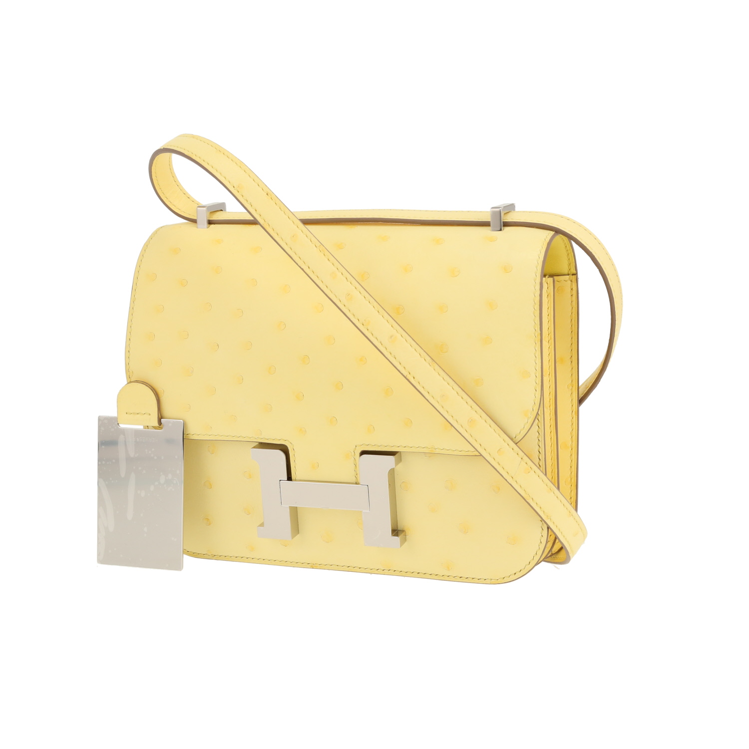 Bolso de mano Hermès «Constance» de 18 cm en piel de avestruz color amarillo Limoncello - Detail D4