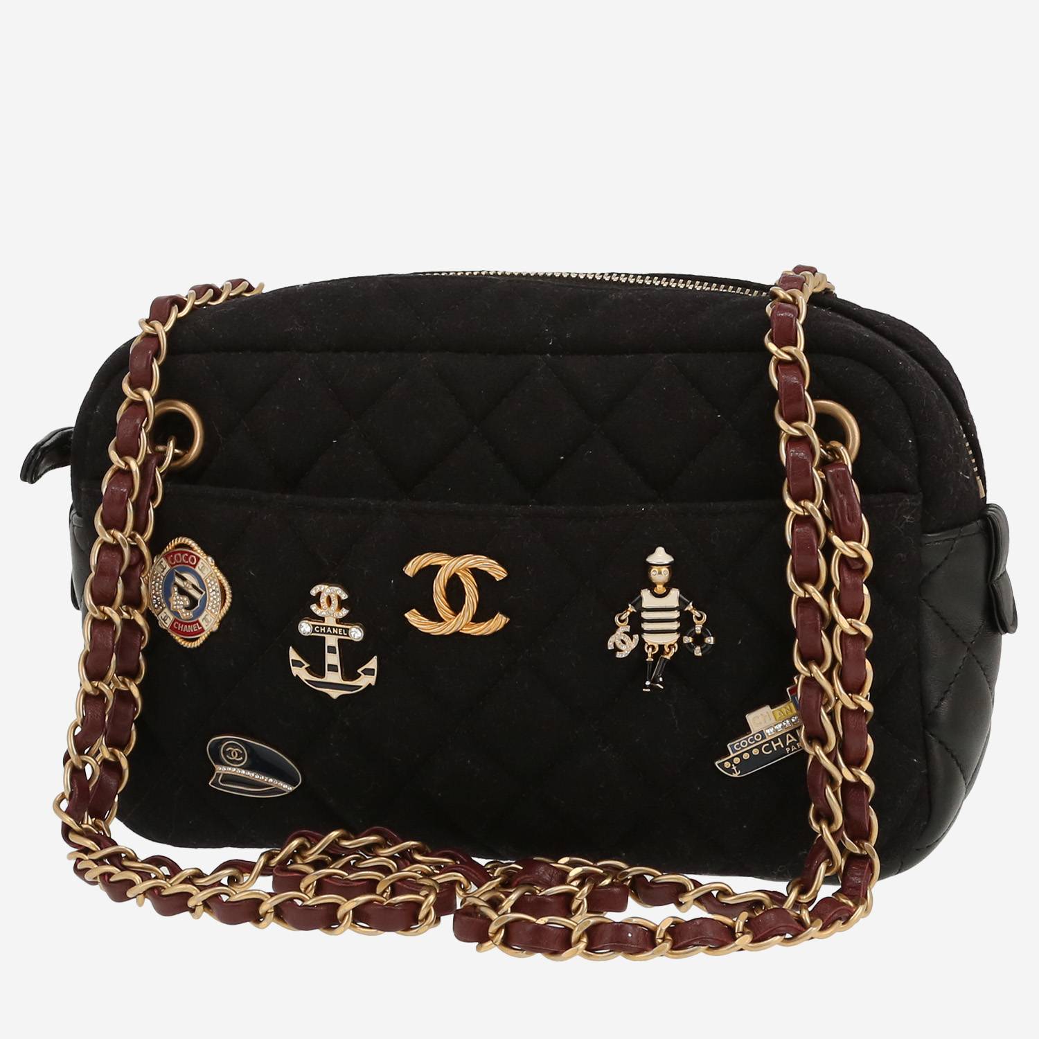 Bolso de mano Chanel  Camera en lona acolchada negra y cuero acolchado negro