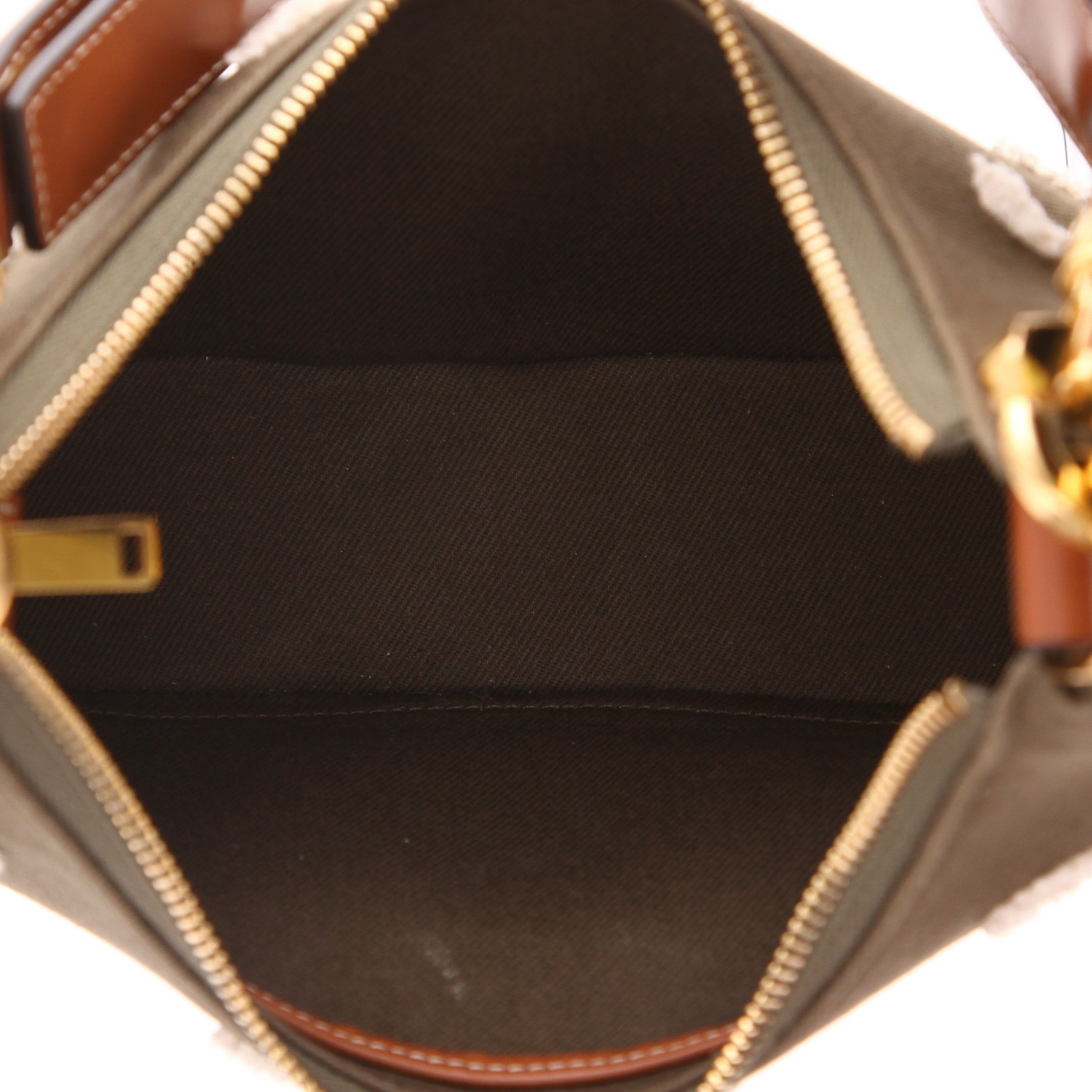Celine  Ava handbag  in khaki and white canvas  and brown leather - Detail D3