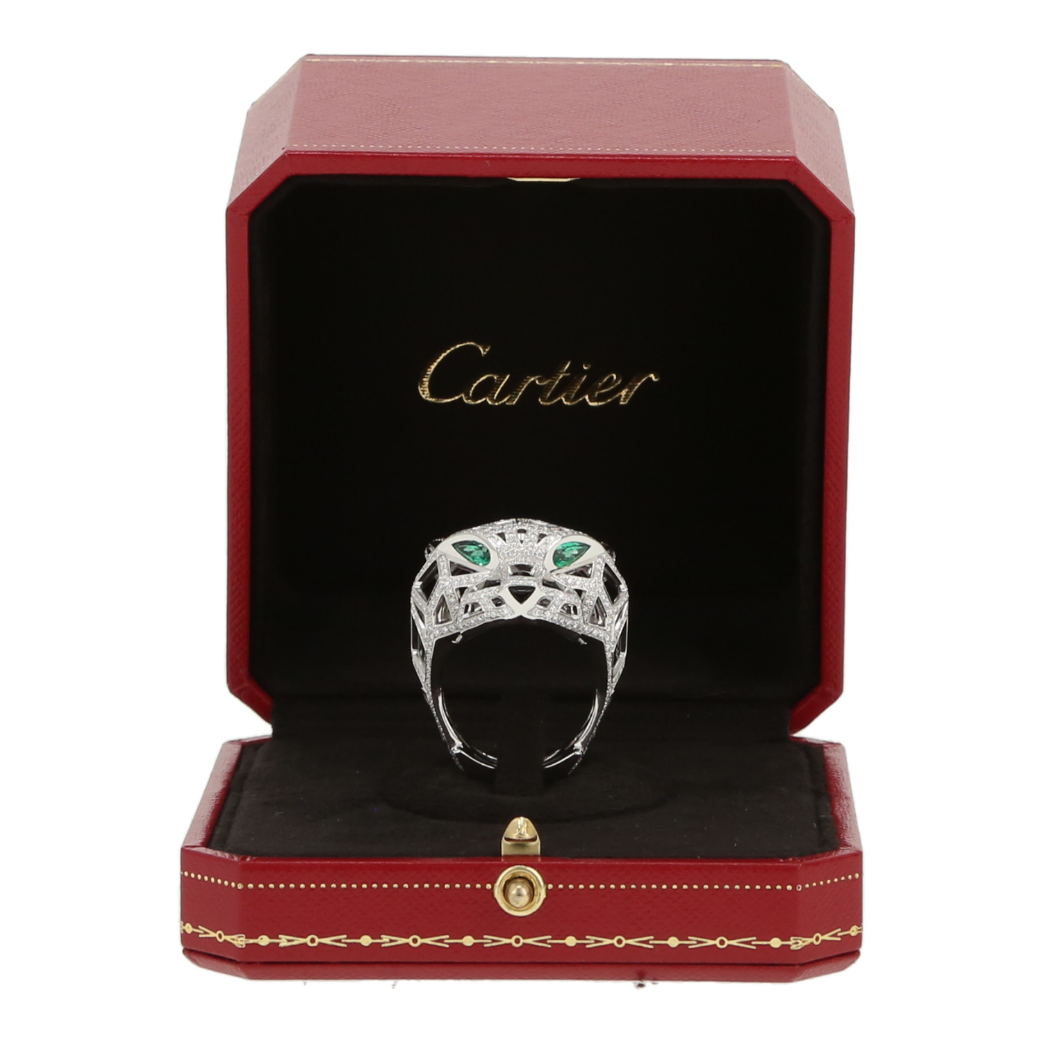 Anello Cartier Panthère in oro bianco, diamanti, onice e smeraldo - Detail D2