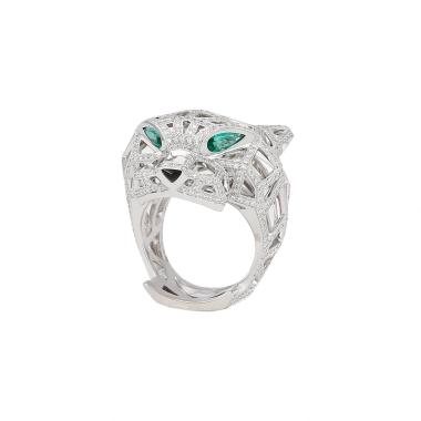 Bague Cartier Panthère en or blanc, diamants, onyx et émeraudes