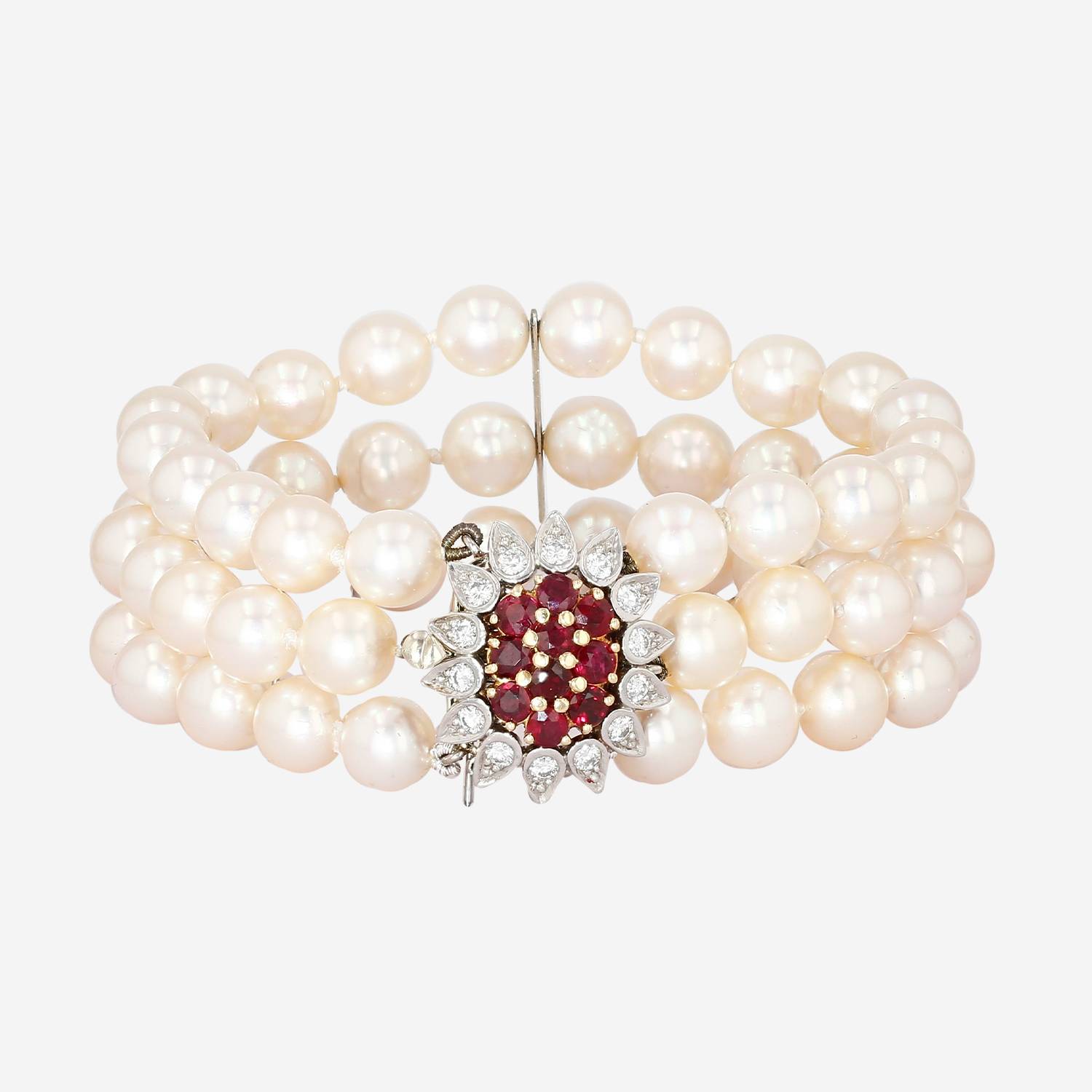 Bracelet Chaumet en platine, or jaune, perles de culture, rubis et diamants