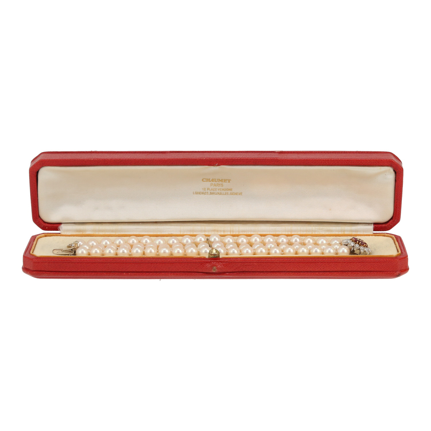 Bracelet Chaumet en platine, or jaune, perles de culture, rubis et diamants