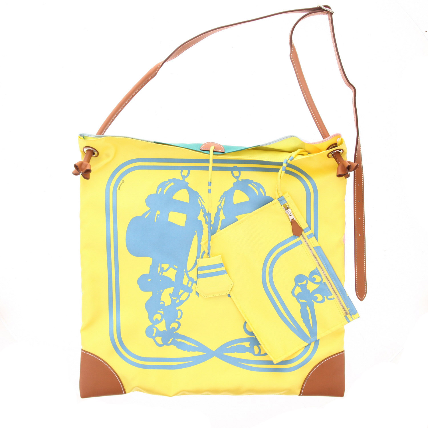 Bolso bandolera Hermès  Silk City en seda amarilla, azul rosa y verde y cuero Barenia - Detail D4