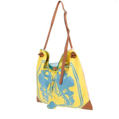 Borsa a tracolla Hermès  Silk City in seta gialla, blu rosa e verde e pelle Barenia