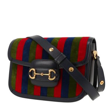 Sac bandoulière Gucci  1955 Horsebit petit modèle  en velours bleu-marine vert et rouge et cuir bleu