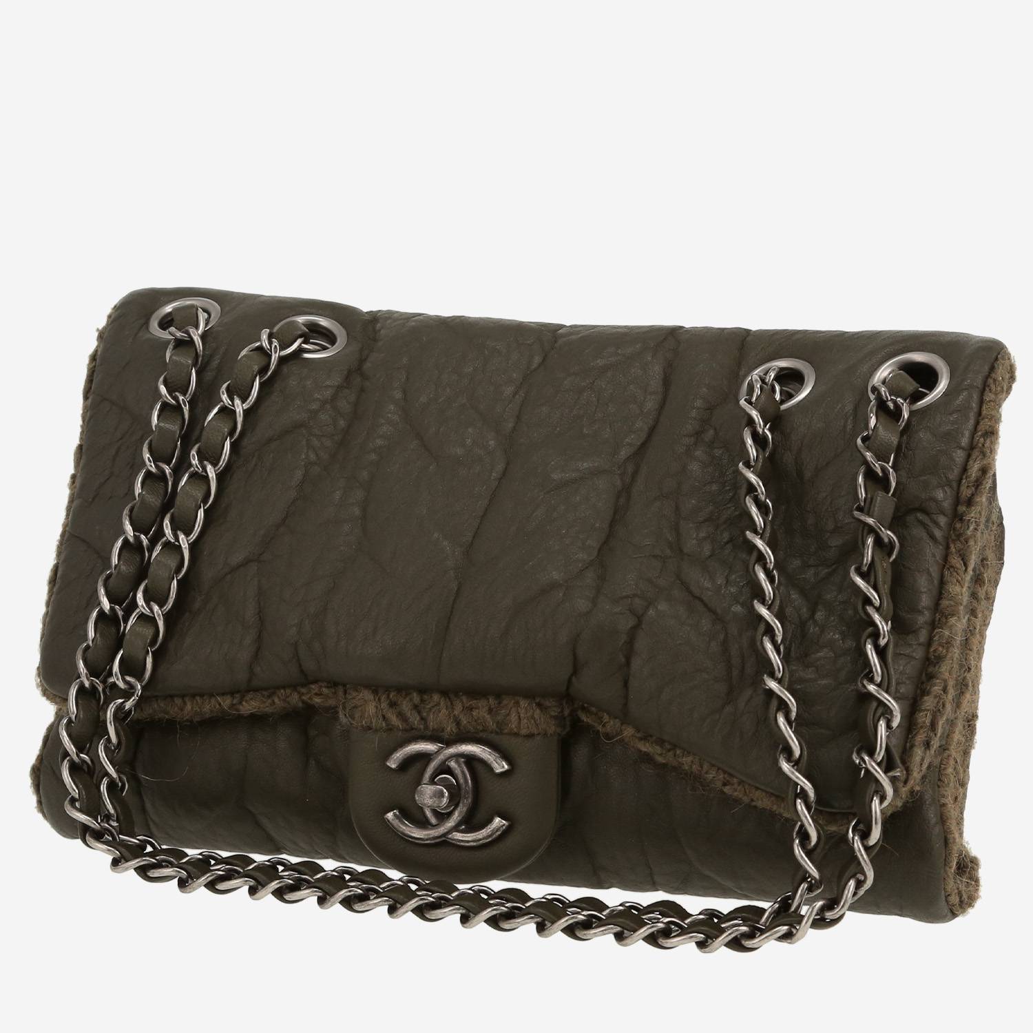 Bolso de mano Chanel   en cuero caqui y tejido de lana caqui