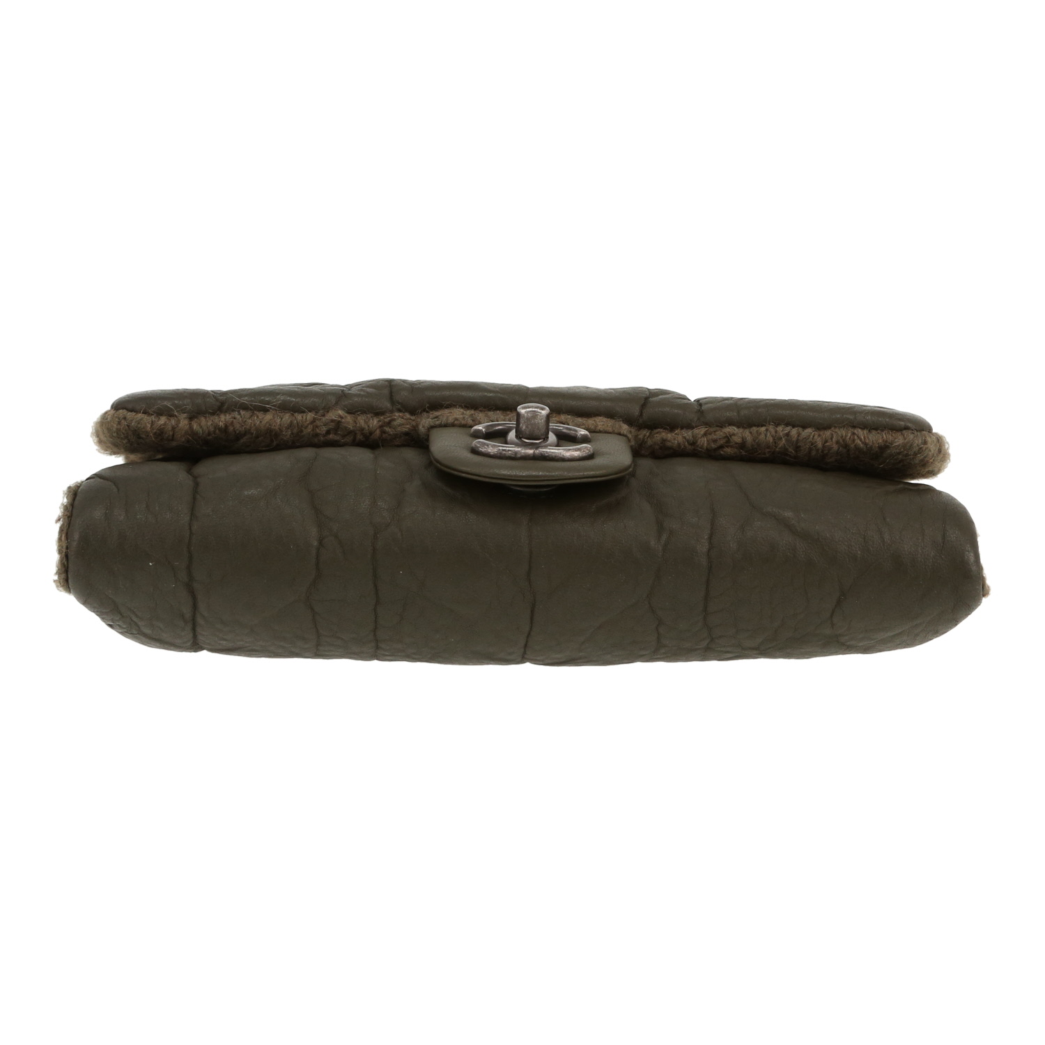 Chanel   handbag  in khaki leather  and khaki woollen fabric - Detail D1