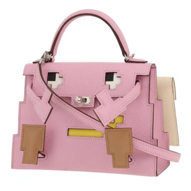 Borsa Hermès  Kelly Doll Picto in pelle Epsom Mauve Sylvestre, Nata giallo Lime e Chai