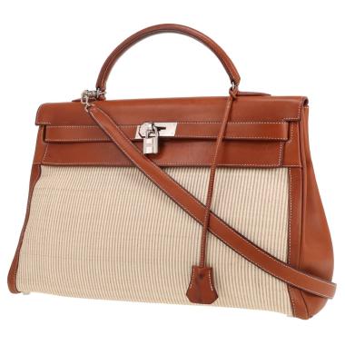 Sac à main Hermès  Kelly 40 cm en cuir Barénia fauve et crin de cheval tressé beige