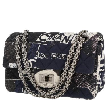 Sac bandoulière Chanel  2.55 mini  en toile jersey noire et bleue