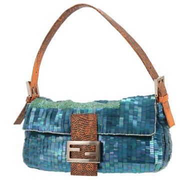 Fendi  Baguette handbag  in blue and green canvas  and orange lizzard