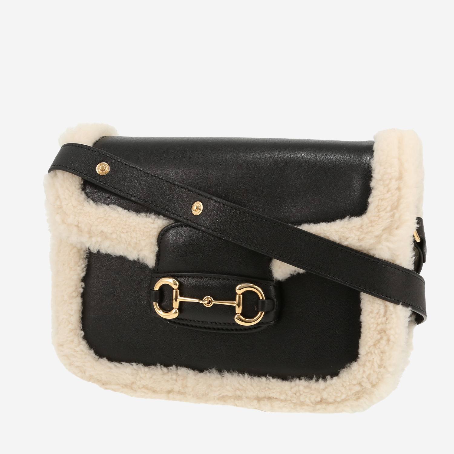 Gucci  1955 Horsebit shoulder bag  in black smooth leather  and white turned-up skin