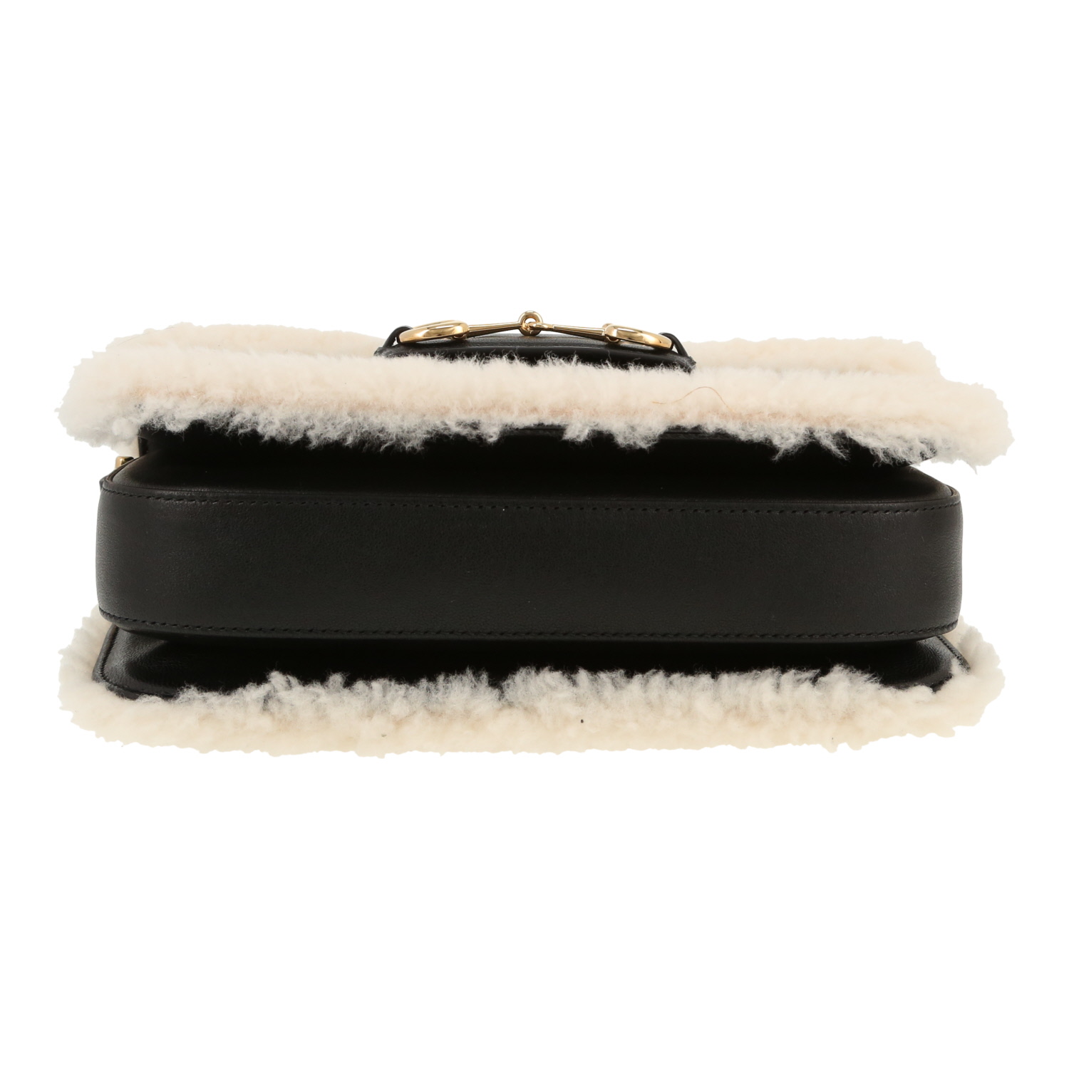 Borsa a tracolla Gucci  1955 Horsebit in pelle liscia nera e shearling bianco - Detail D1