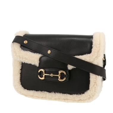 Borsa a tracolla Gucci  1955 Horsebit in pelle liscia nera e shearling bianco