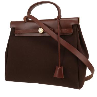 Sac porté épaule ou main Hermès  Herbag en toile marron et cuir marron