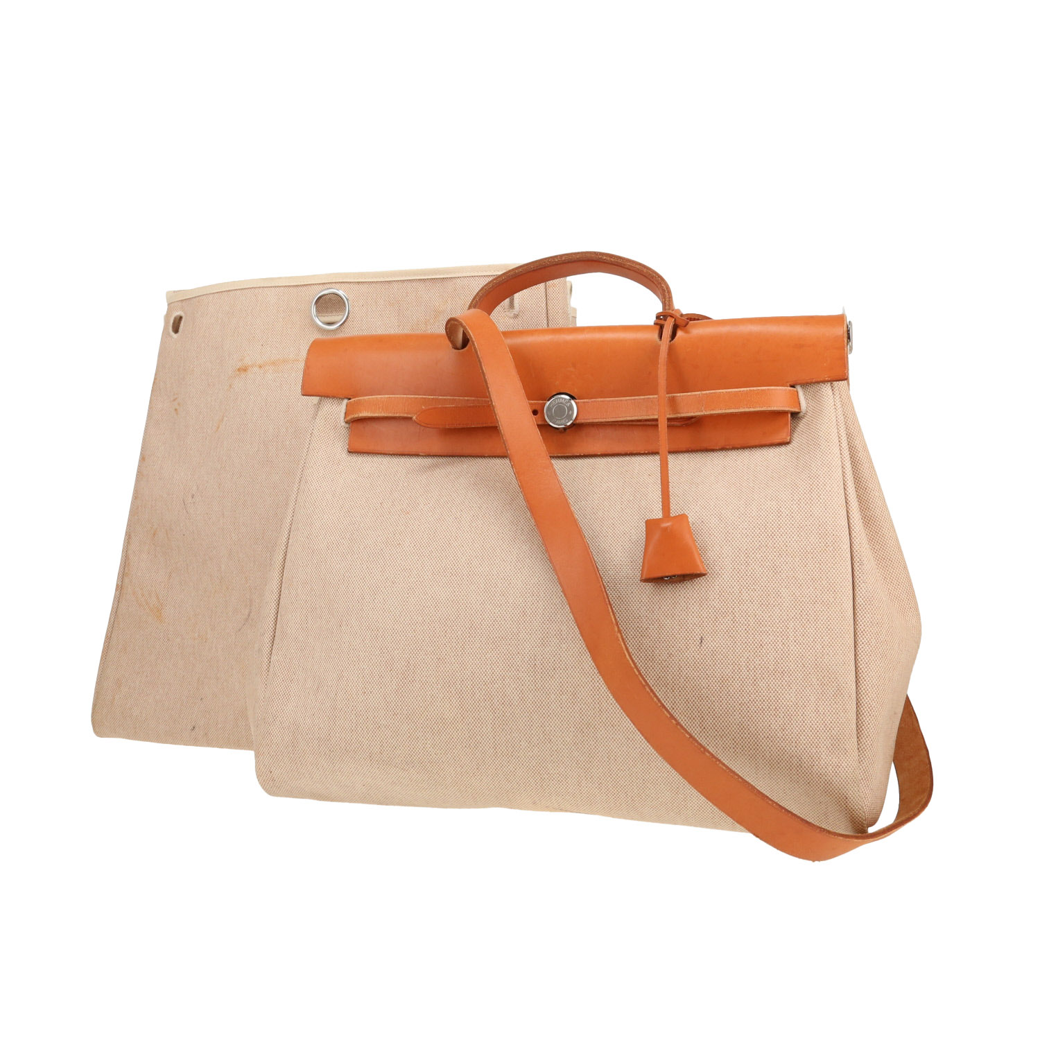 Sac porté épaule ou main Hermès  Herbag en toile beige et cuir naturel - Detail D4