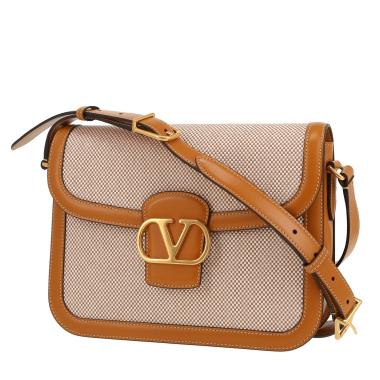 Bolso bandolera Valentino Garavani   en cuero marrón y lona beige