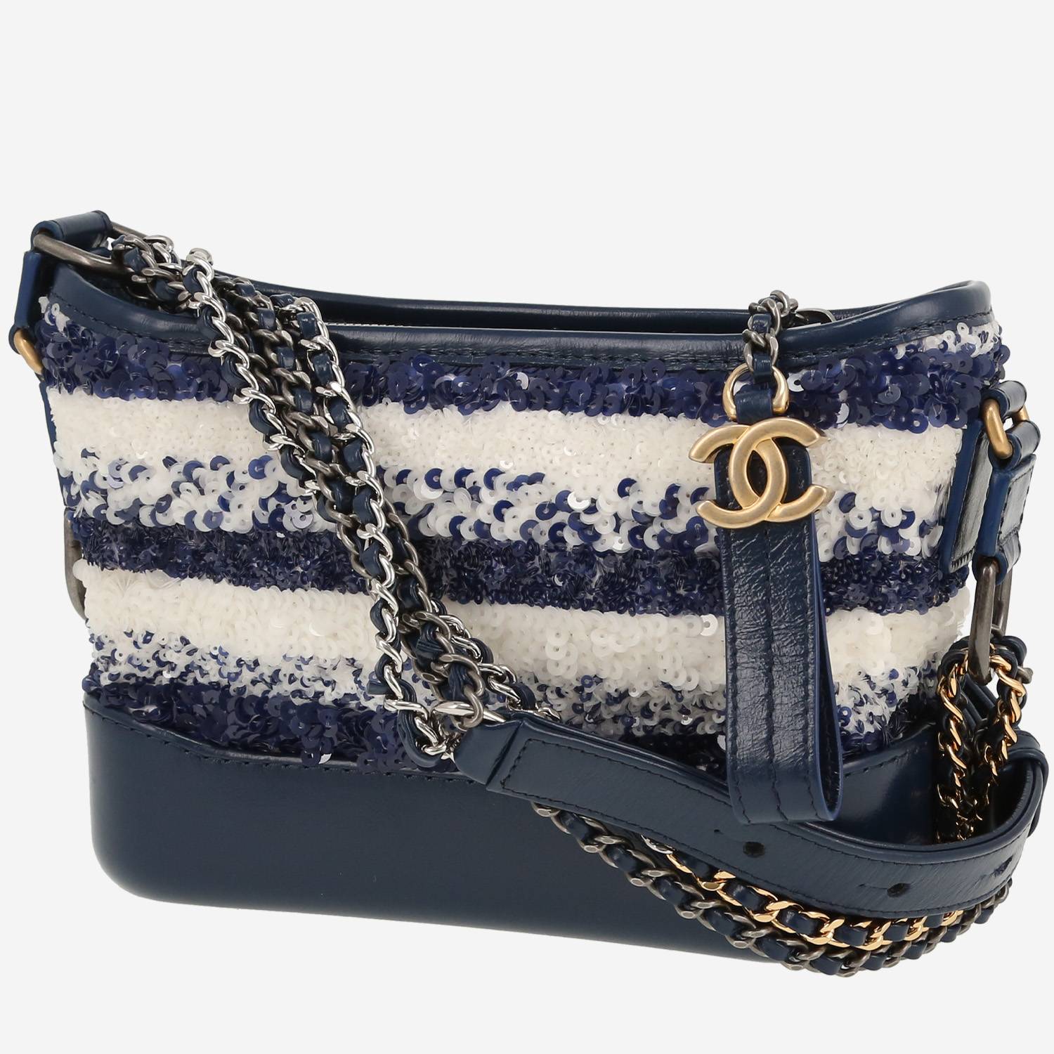 Chanel  Gabrielle  small model  shoulder bag  in navy blue and white paillette  and navy blue leather