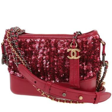 Sac bandoulière Chanel  Gabrielle  petit modèle  en sequin rose et cuir rose