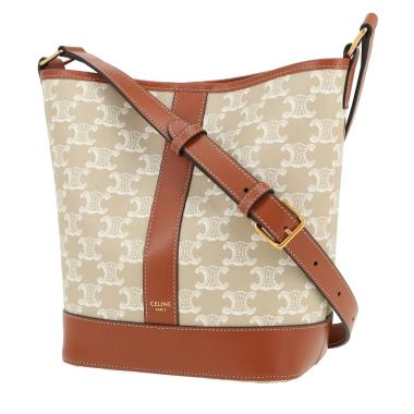 Celine  Seau small model  shoulder bag  in white "Triomphe" canvas  and brown leather