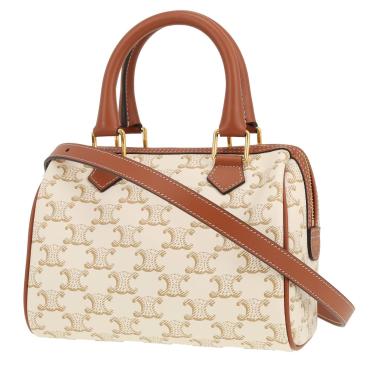 Sac à main Celine  Boston en toile Triomphe blanche et cuir marron