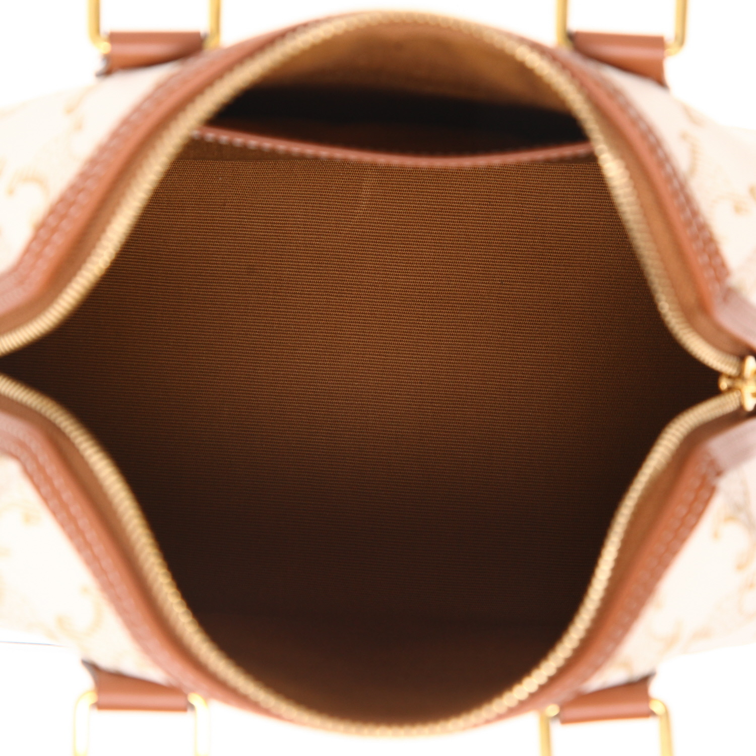 Celine  Boston small model  shoulder bag  in white "Triomphe" canvas  and brown leather - Detail D3