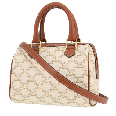 Sac bandoulière Celine  Boston petit modèle  en toile Triomphe blanche et cuir marron