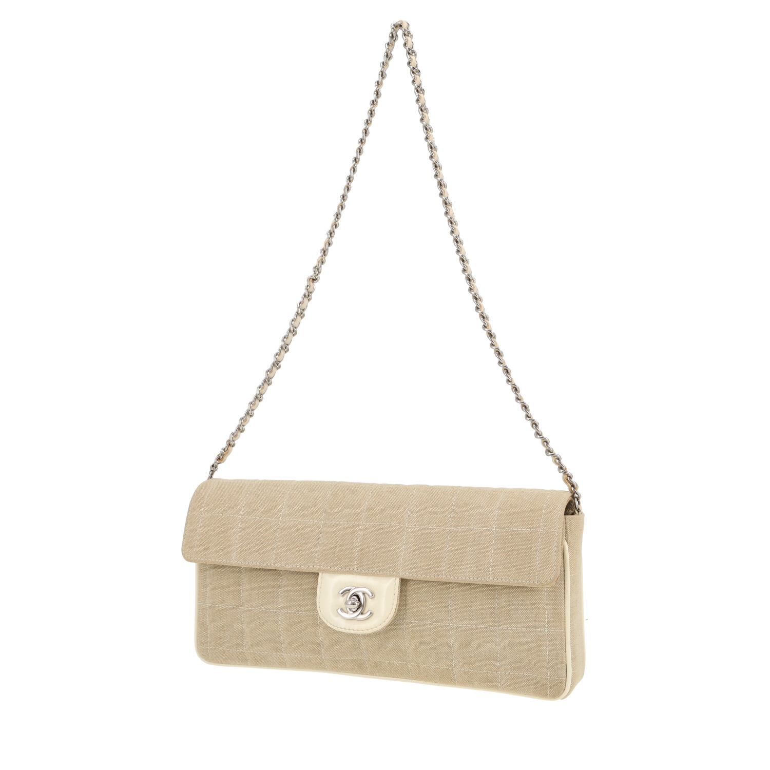 Borsa a tracolla Chanel  Choco bar in tela trapuntata beige e pelle verniciata beige - Detail D4