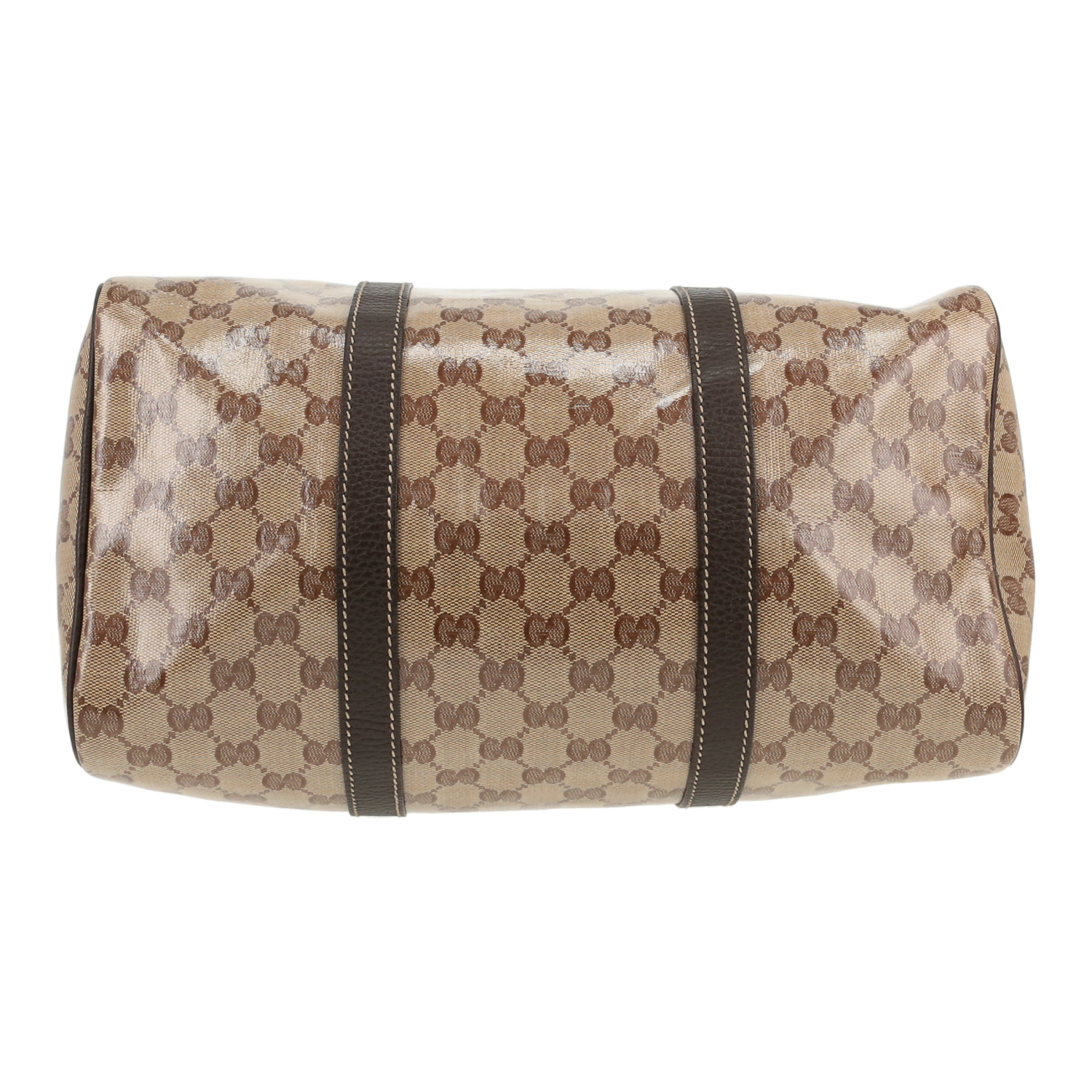 Sac à main Gucci   en toile verni  sûpreme GG beige et cuir marron - Detail D1