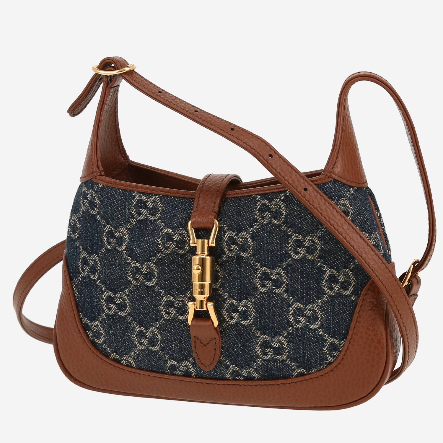 Borsa a tracolla Gucci  Jackie in tela denim monogram blu e pelle marrone