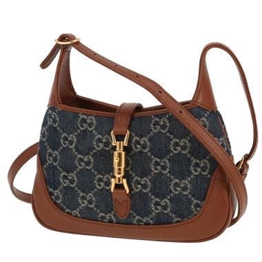 Borsa a tracolla Gucci  Jackie in tela denim monogram blu e pelle marrone