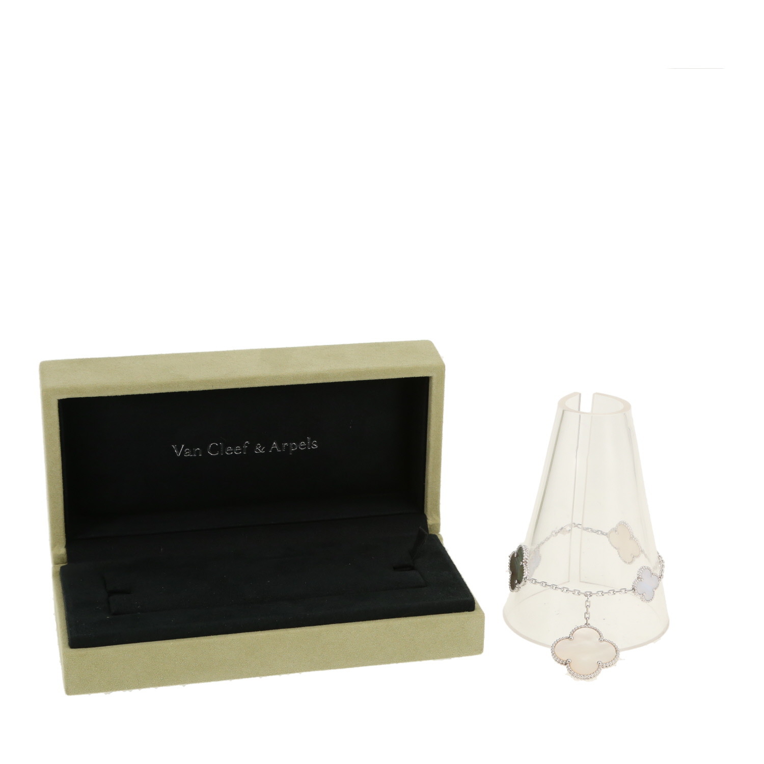 Van Cleef & Arpels Magic Alhambra bracelet in white gold, mother of pearl and chalcedony