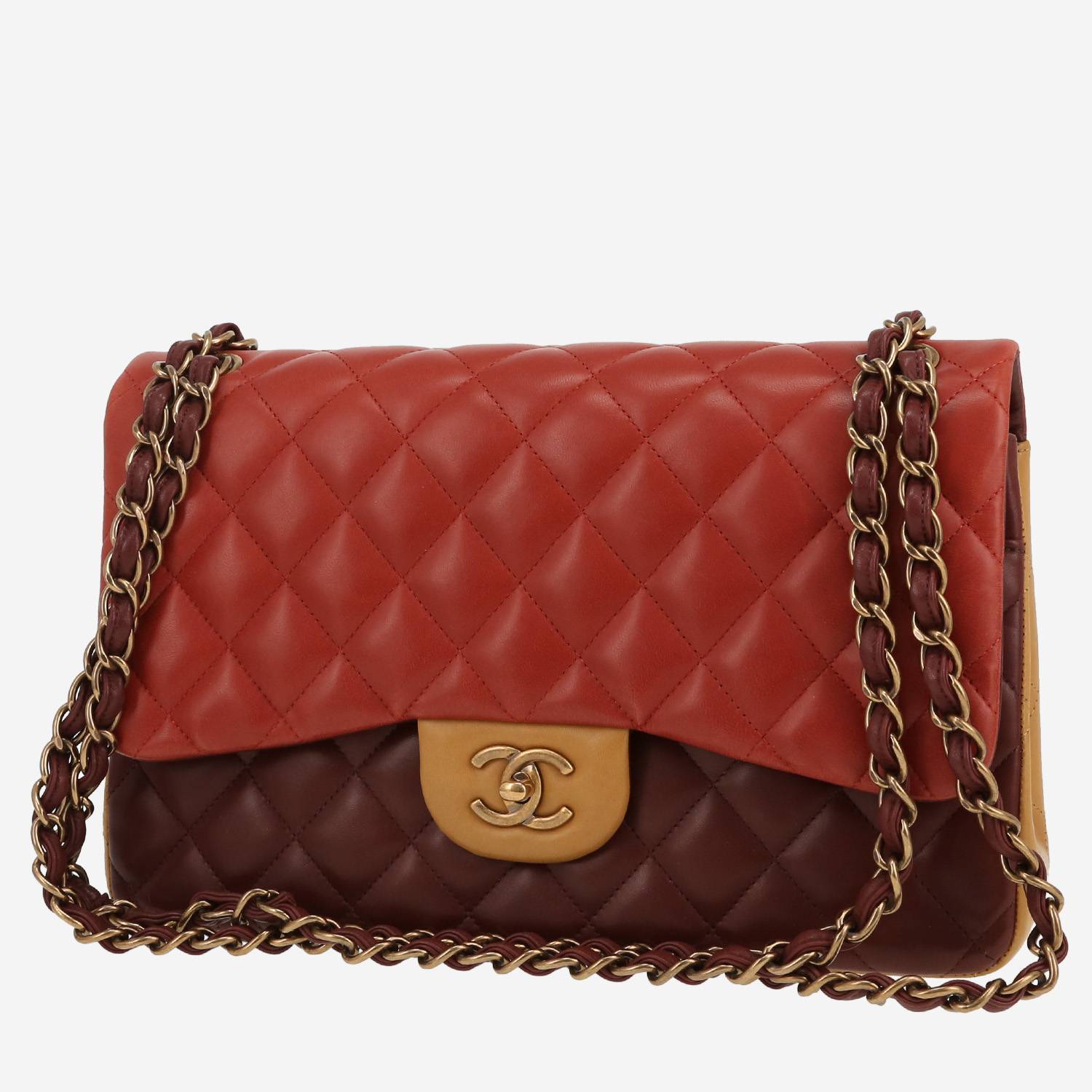Chanel  Timeless Jumbo shoulder bag  in burgundy, red and beige quilted leather