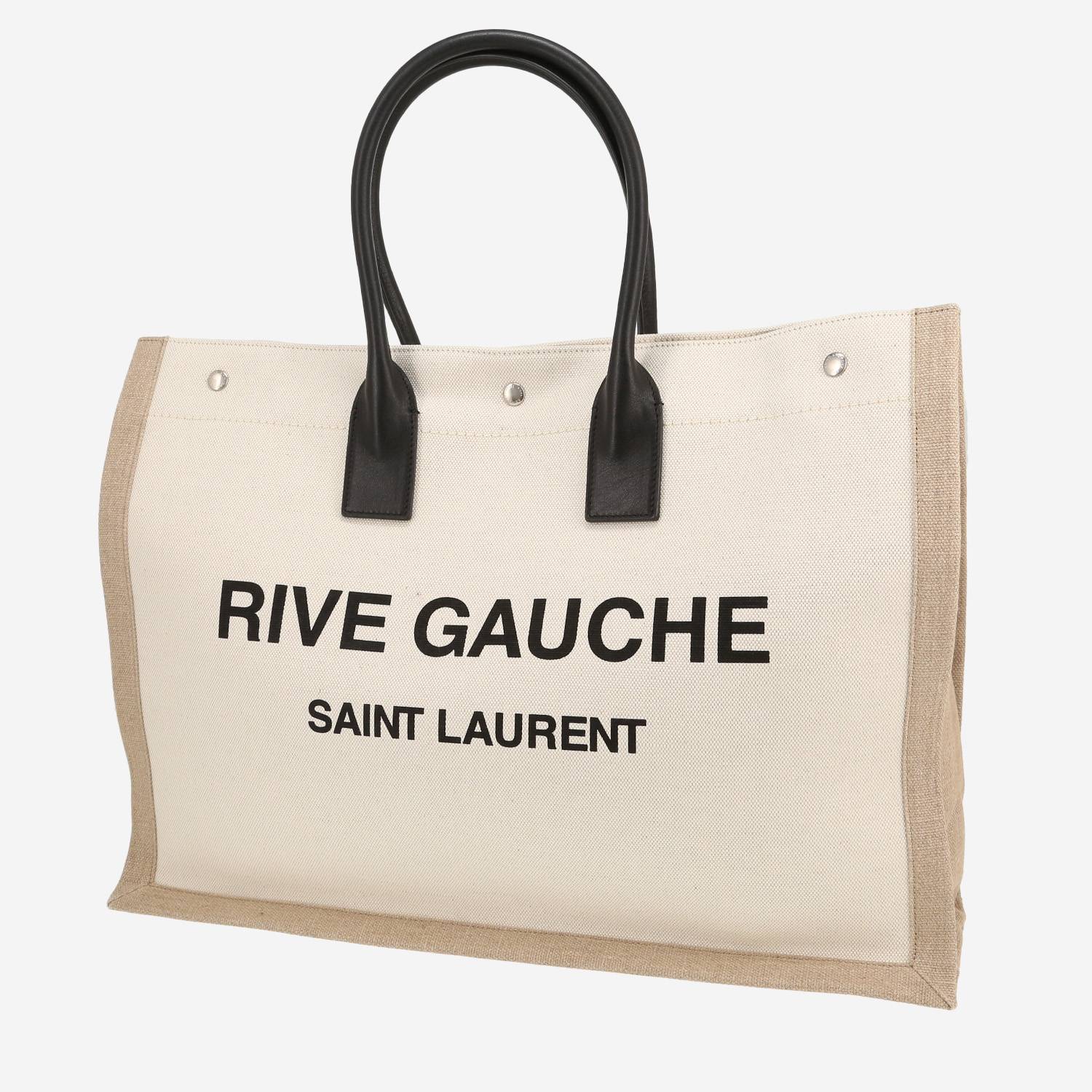 Sac cabas Saint Laurent  Rive Gauche en toile beige et blanche et cuir noir