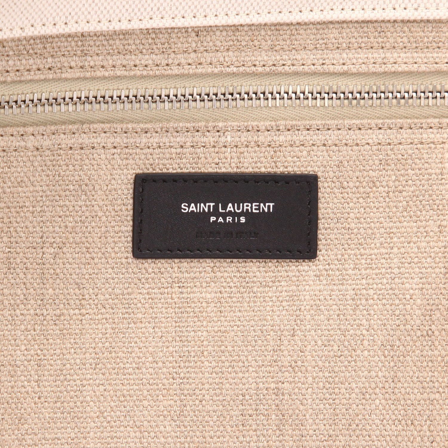 Shopping bag Saint Laurent  Rive Gauche in tela beige e bianca e pelle nera - Detail D2