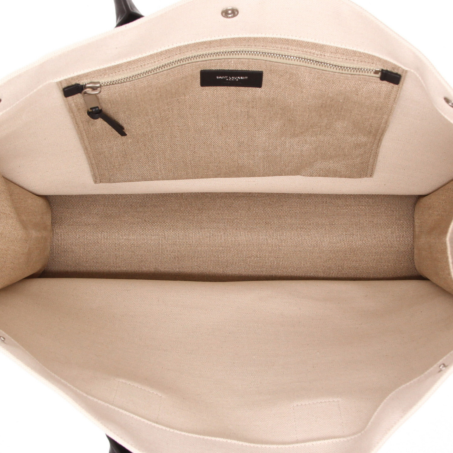 Shopping bag Saint Laurent  Rive Gauche in tela beige e bianca e pelle nera - Detail D3