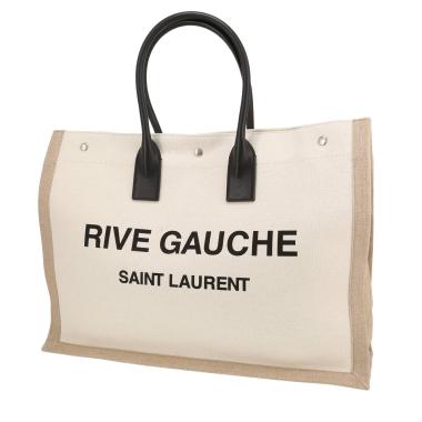 Saint Laurent  Rive Gauche shopping bag  in beige and white canvas  and black leather