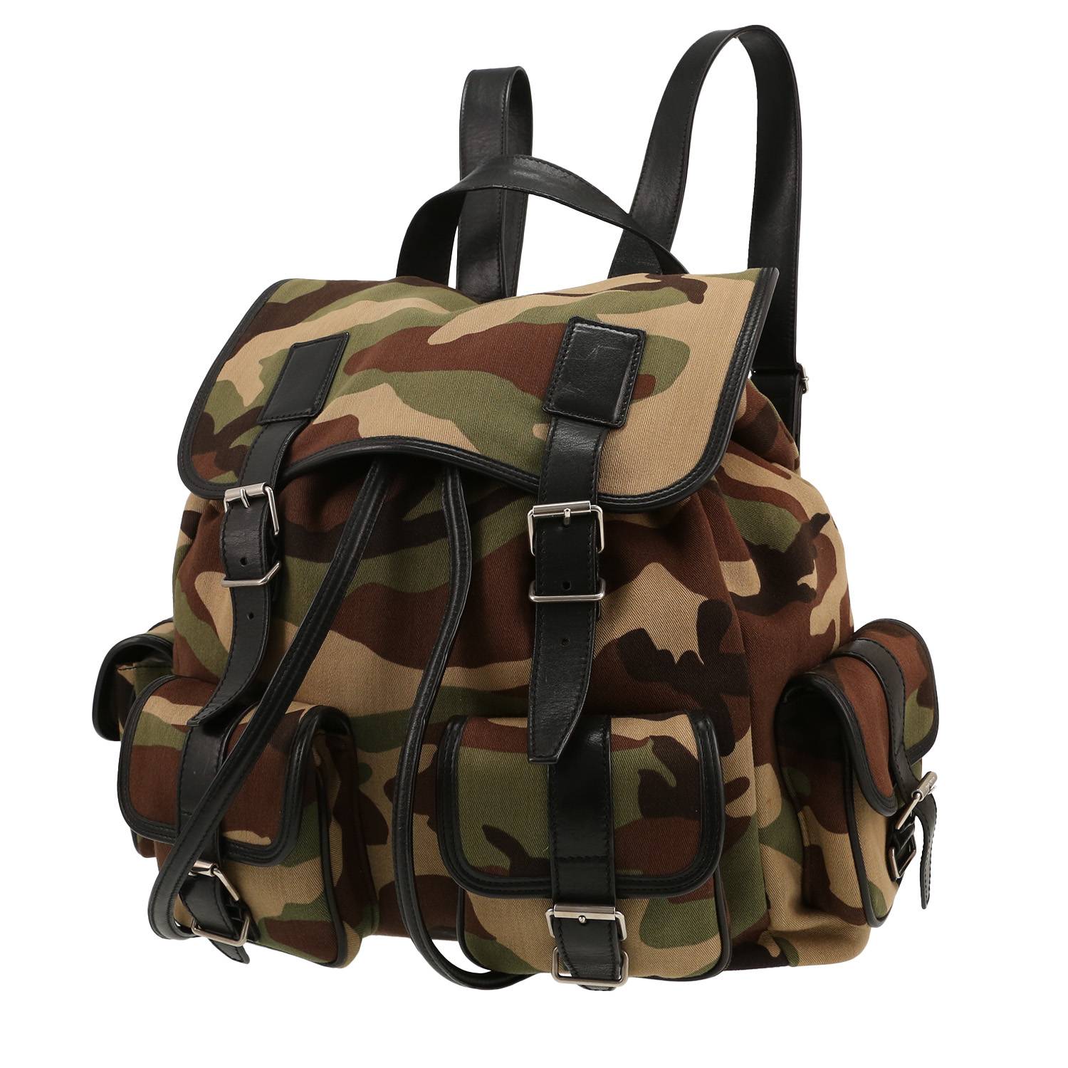Sac à dos Saint Laurent en toile camouflage vert-kaki et cuir noir