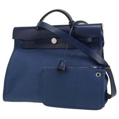 Sac porté épaule ou main Hermès  Herbag en toile bleue et cuir bleu
