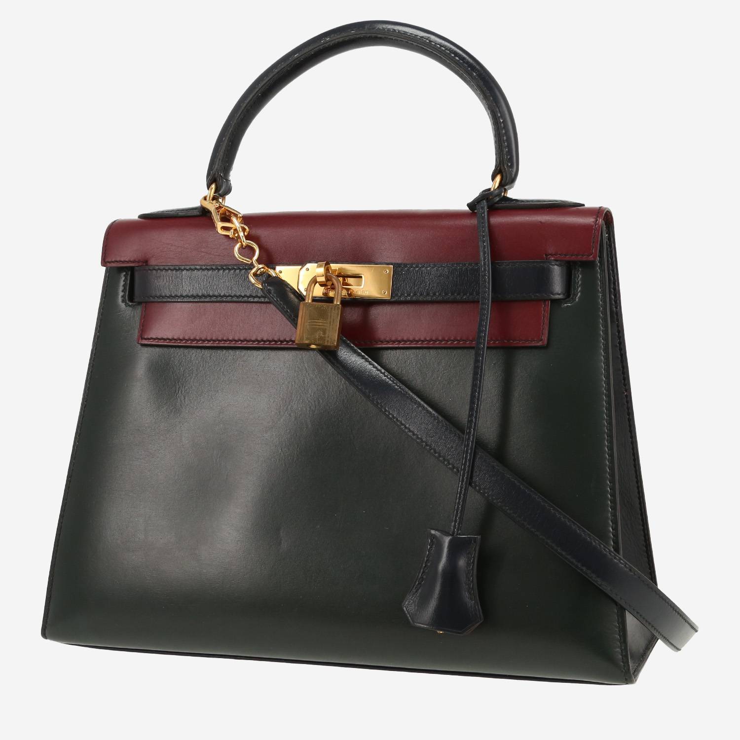 Sac à main Hermès  Kelly 28 cm en cuir box tricolore vert-sapin, bordeaux et bleu-marine
