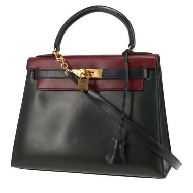 Borsa Hermès  Kelly 28 cm in pelle box tricolore verde-pino bordeaux e blu marino