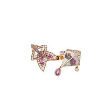 Open Van Cleef & Arpels Cerfs-Volants ring in pink gold, diamonds, mother of pearl and coloured sapphires